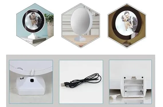 Nainika Magic Mirror Photo Frame With Light Photos Gift Personalized Frames For Valentines Day Gifts, Anniversary, Birthday (Plastic, Tabletop, White, Pack of 1,Round, Framed) (Round)