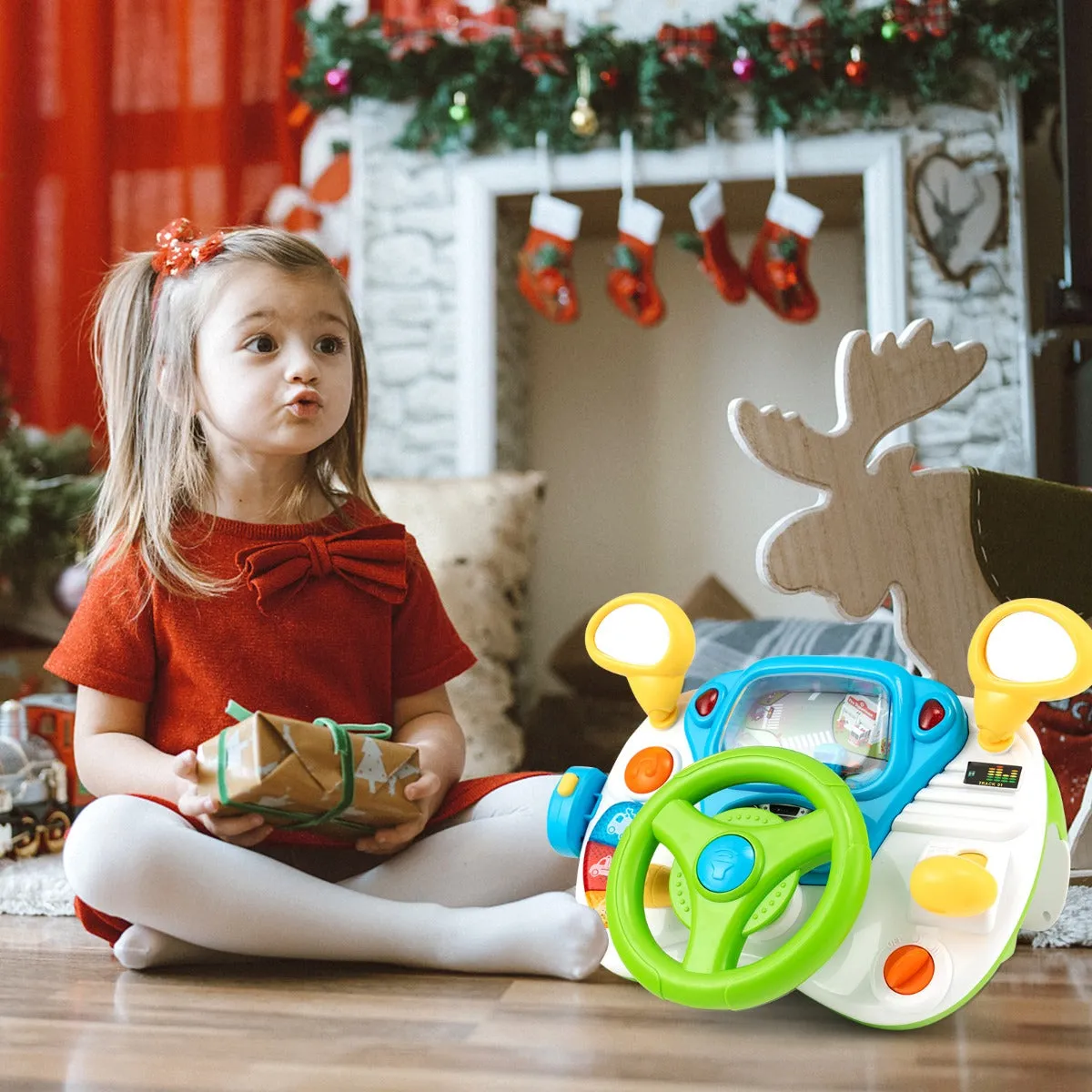 NNECW Kids Steering Wheel Simulated Driving Toy Set with Lights & Sounds