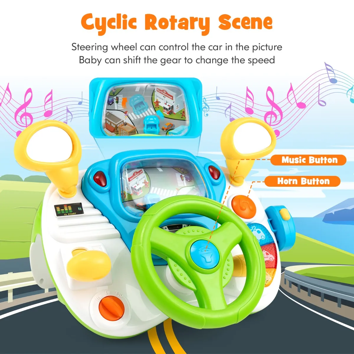 NNECW Kids Steering Wheel Simulated Driving Toy Set with Lights & Sounds