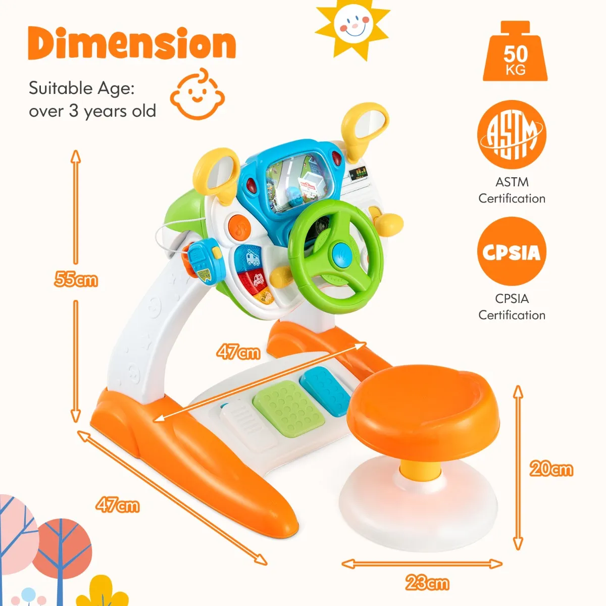 NNECW Kids Steering Wheel Simulated Driving Toy Set with Lights & Sounds