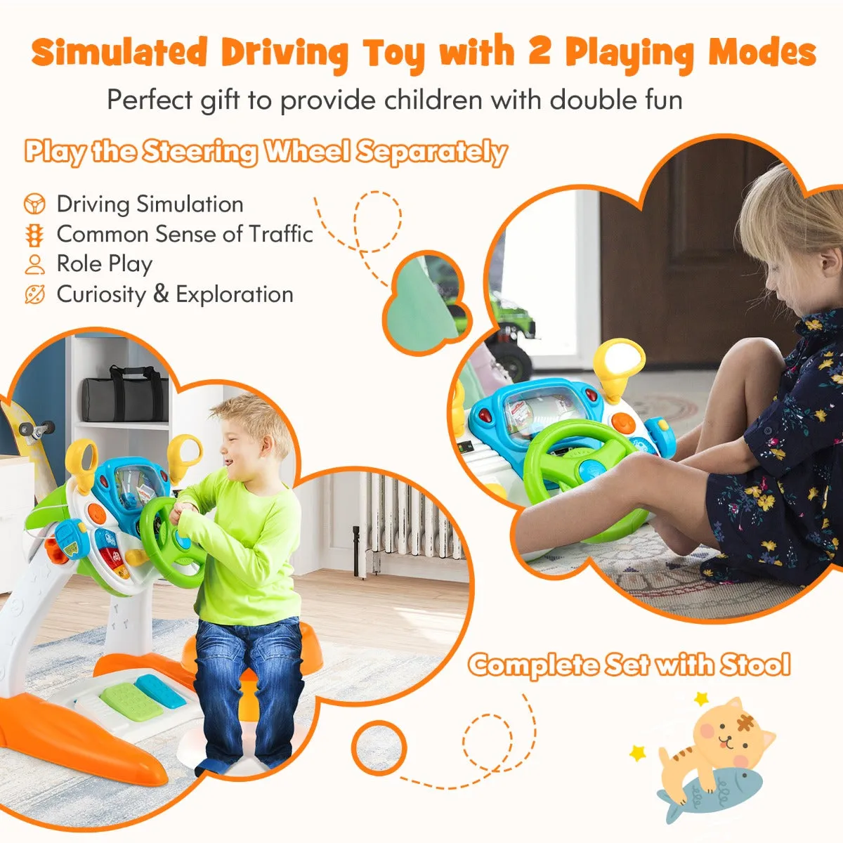 NNECW Kids Steering Wheel Simulated Driving Toy Set with Lights & Sounds