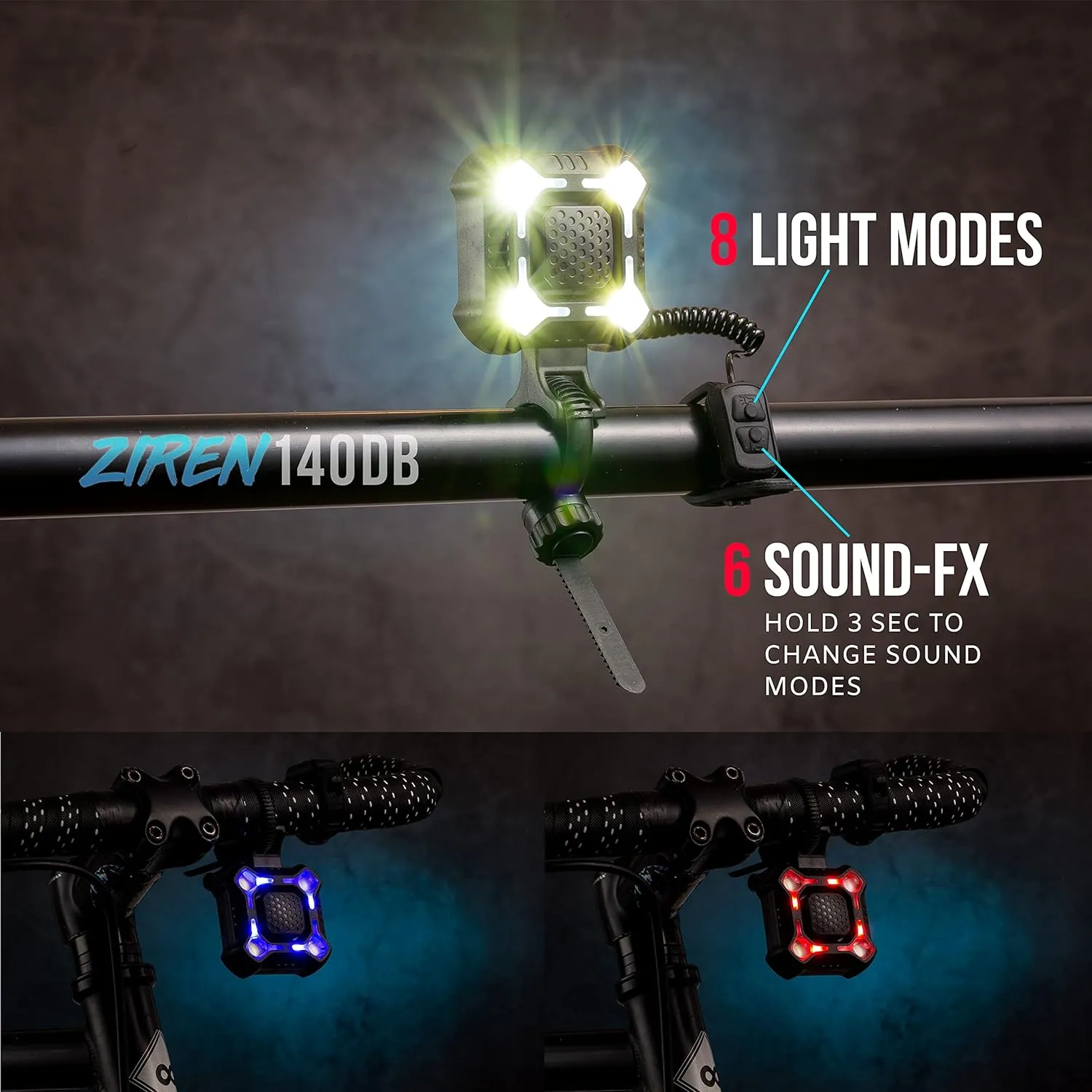 PS1200-ZRN: RED/BLUE FRONT & OPTIKS-P220 REAR W/ZIREN-140DB BIKE HORN
