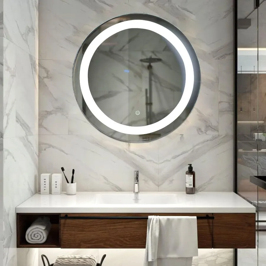 Quality Glass Round LED Mirror for Bathroom - 24 x 24 Inch with Back Light and Touch Sensor with 3 Light Effects