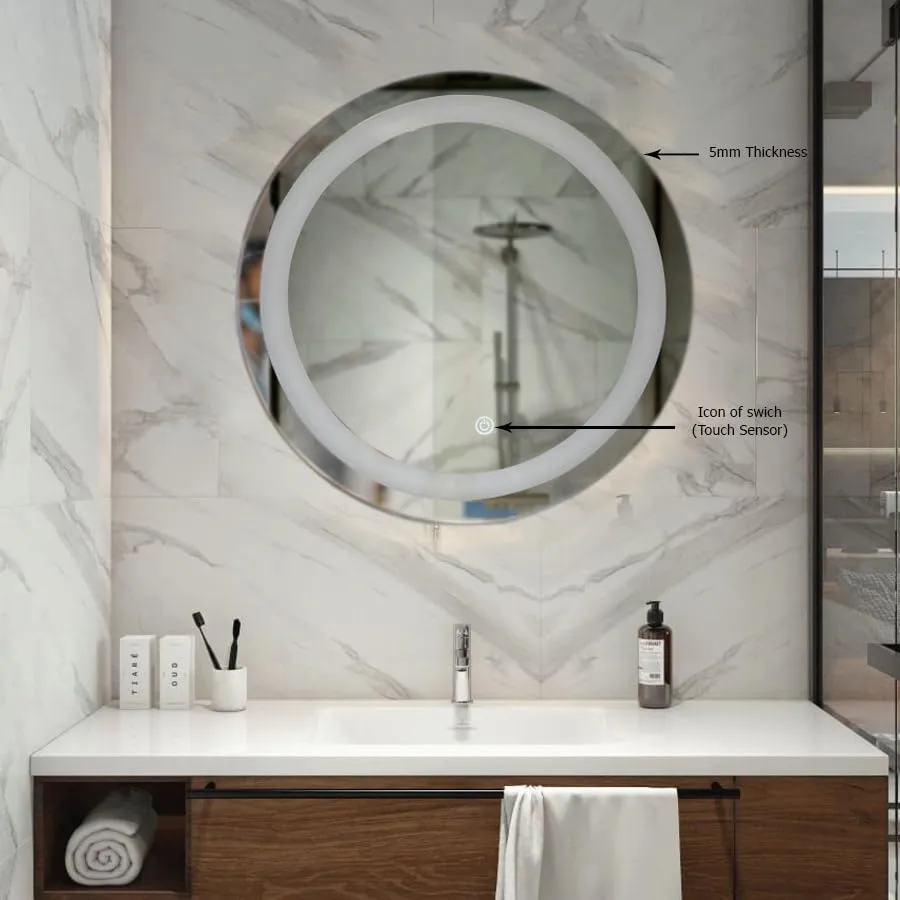 Quality Glass Round LED Mirror for Bathroom - 24 x 24 Inch with Back Light and Touch Sensor with 3 Light Effects