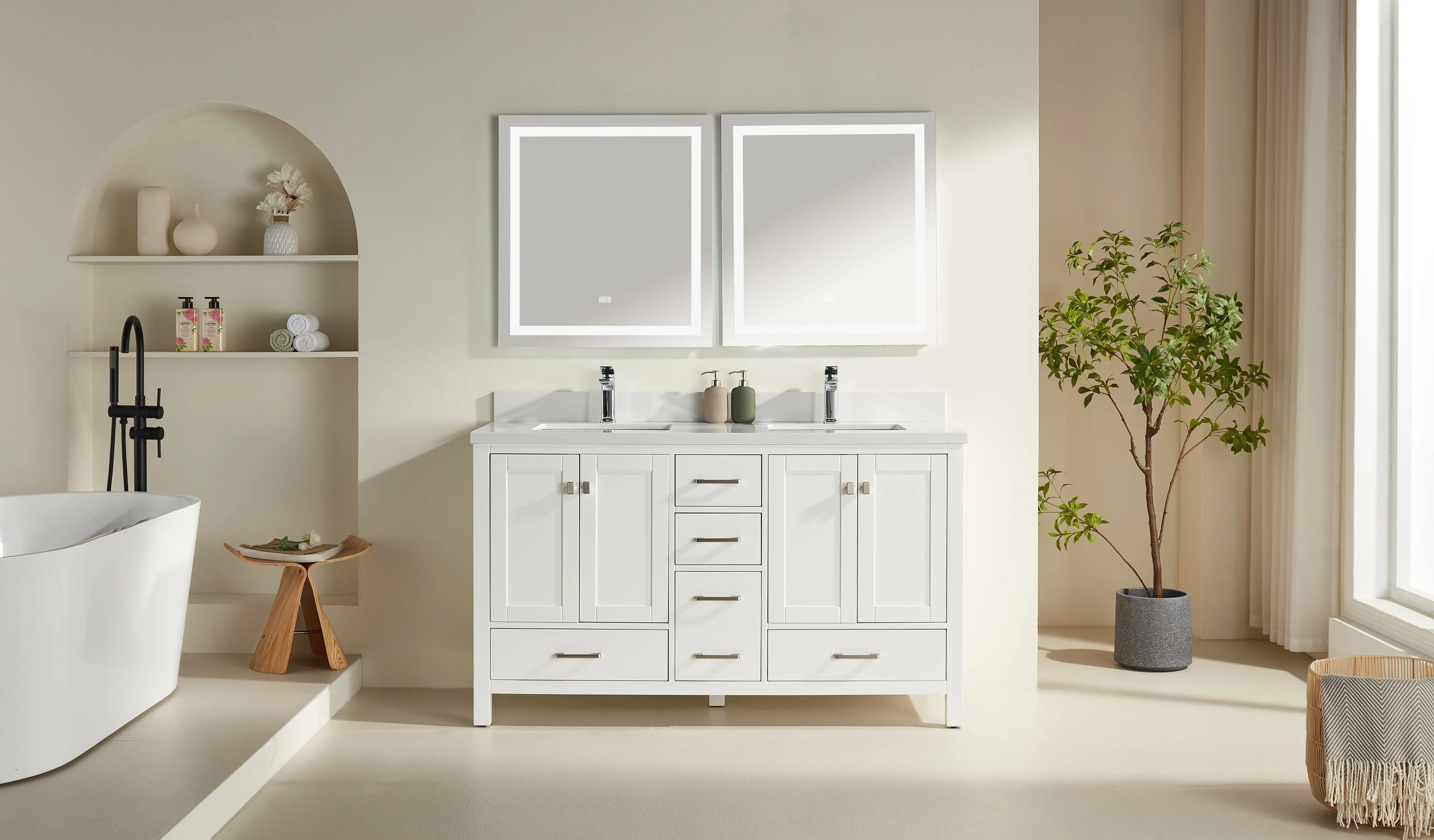 Rose- 60" Double Sink, White , Floor Standing Modern Bathroom Vanity, White Quartz Countertop