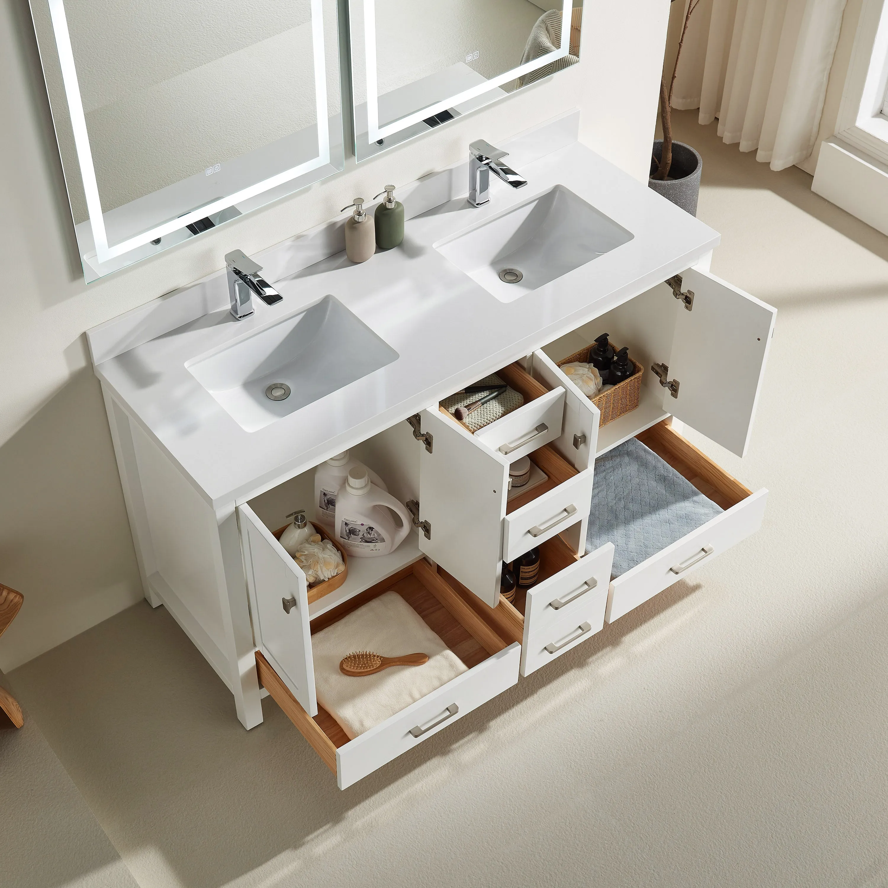 Rose- 60" Double Sink, White , Floor Standing Modern Bathroom Vanity, White Quartz Countertop