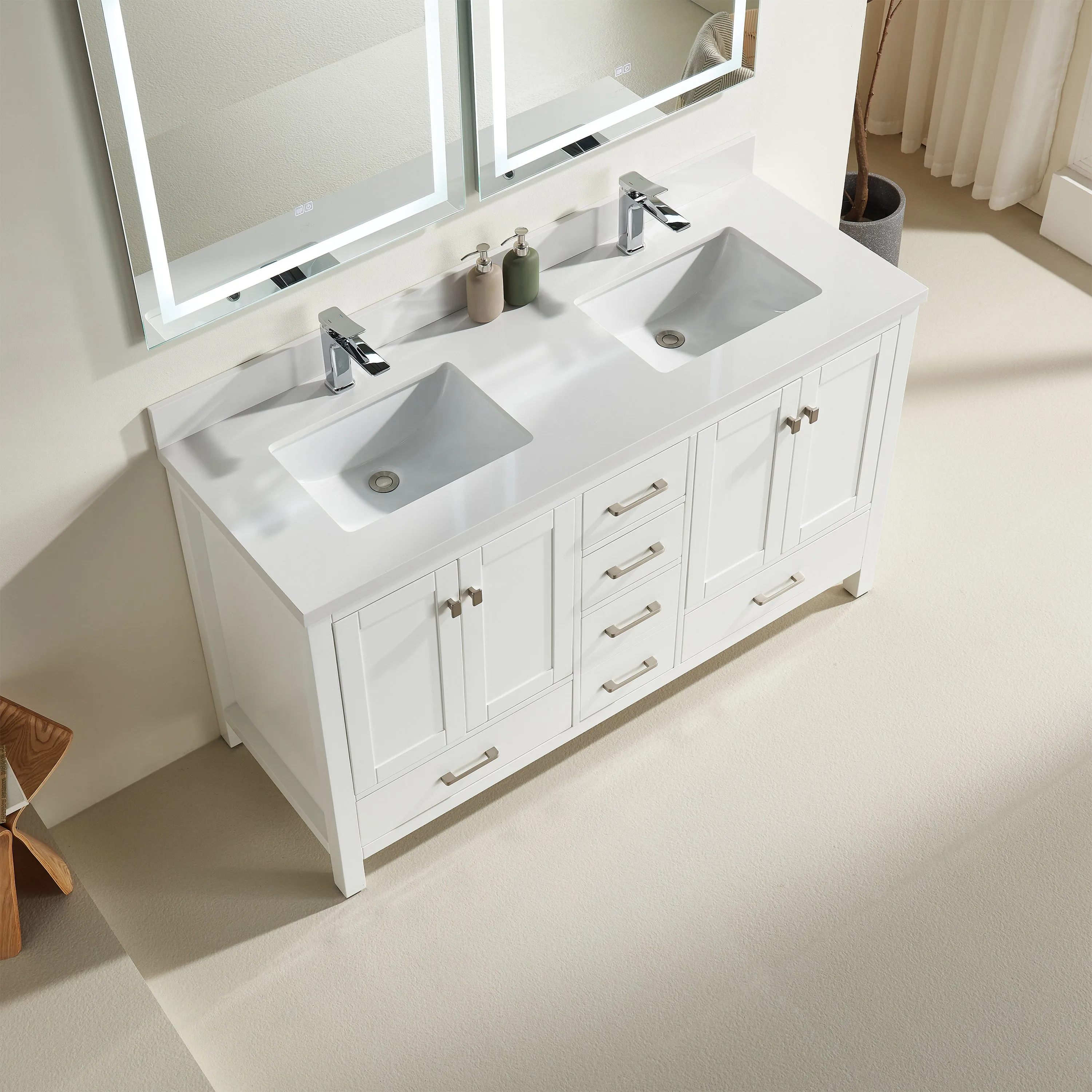 Rose- 60" Double Sink, White , Floor Standing Modern Bathroom Vanity, White Quartz Countertop