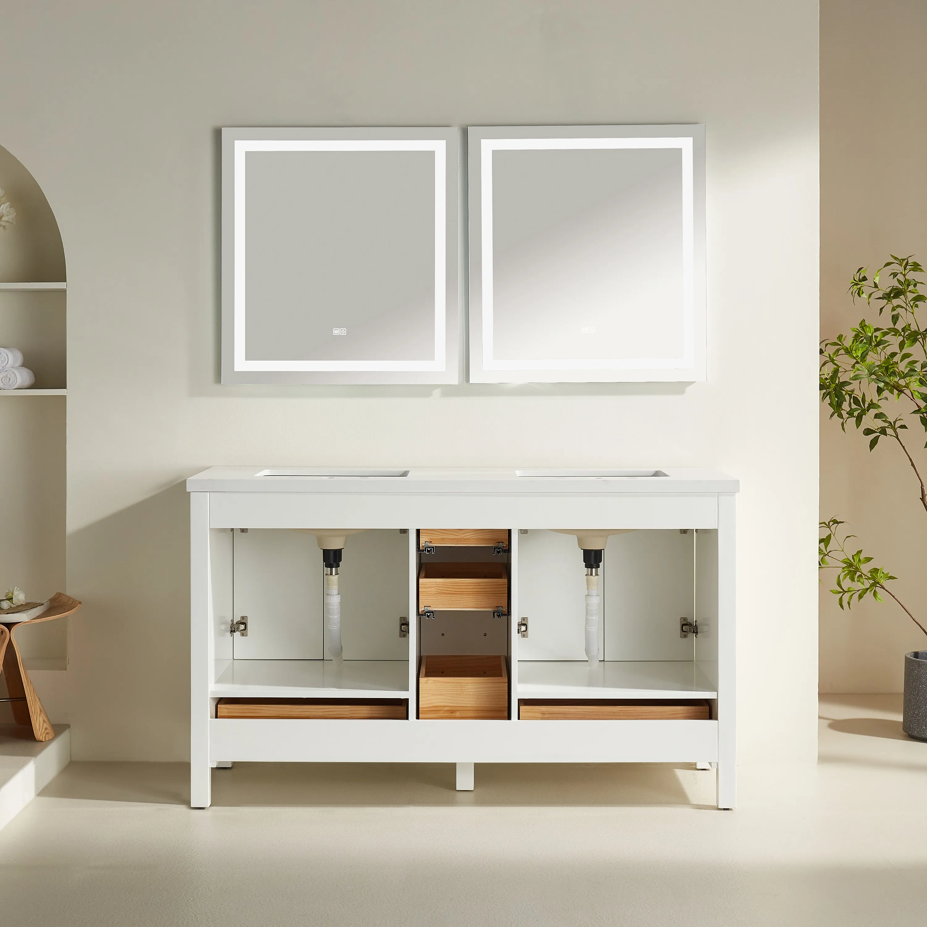 Rose- 60" Double Sink, White , Floor Standing Modern Bathroom Vanity, White Quartz Countertop