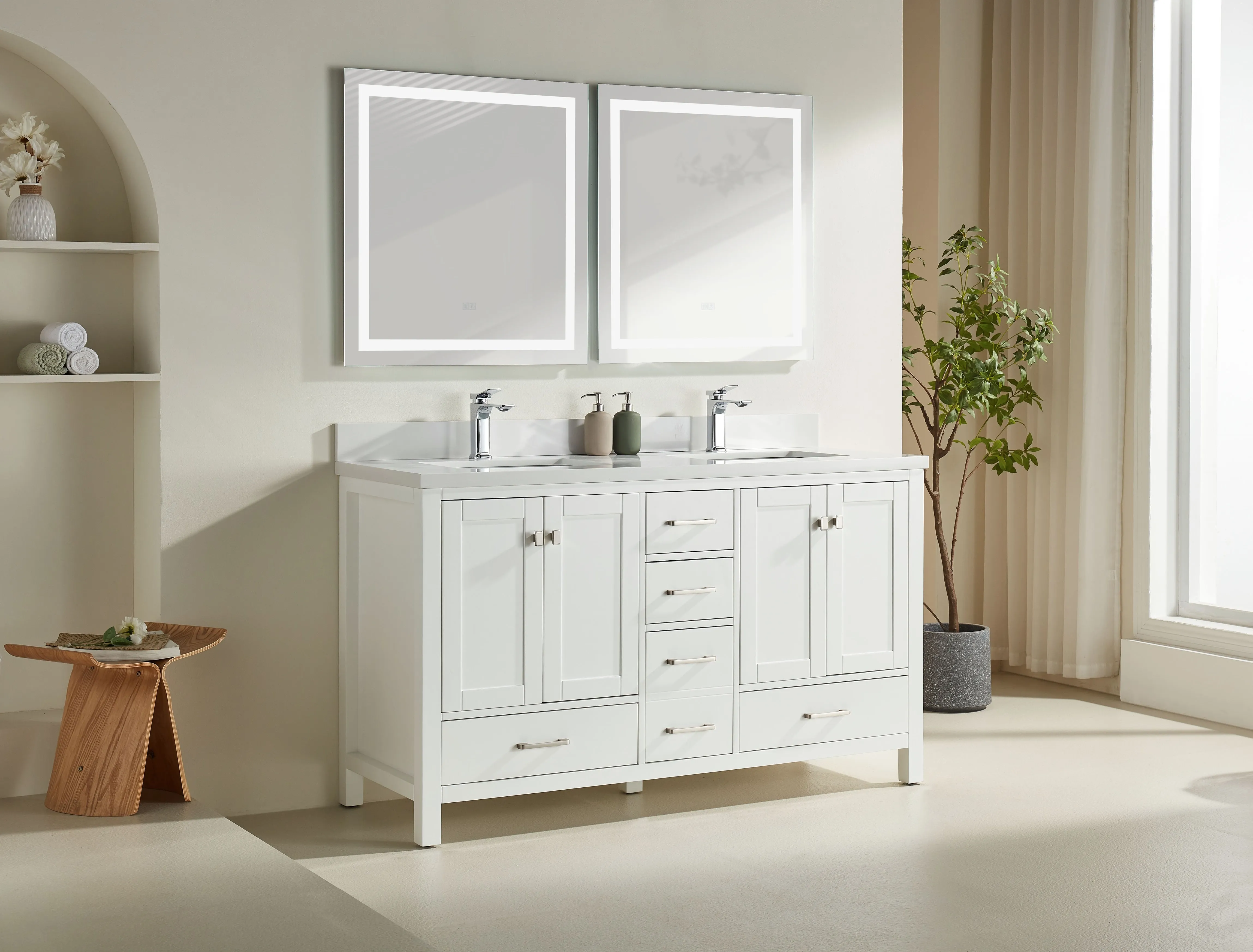 Rose- 60" Double Sink, White , Floor Standing Modern Bathroom Vanity, White Quartz Countertop