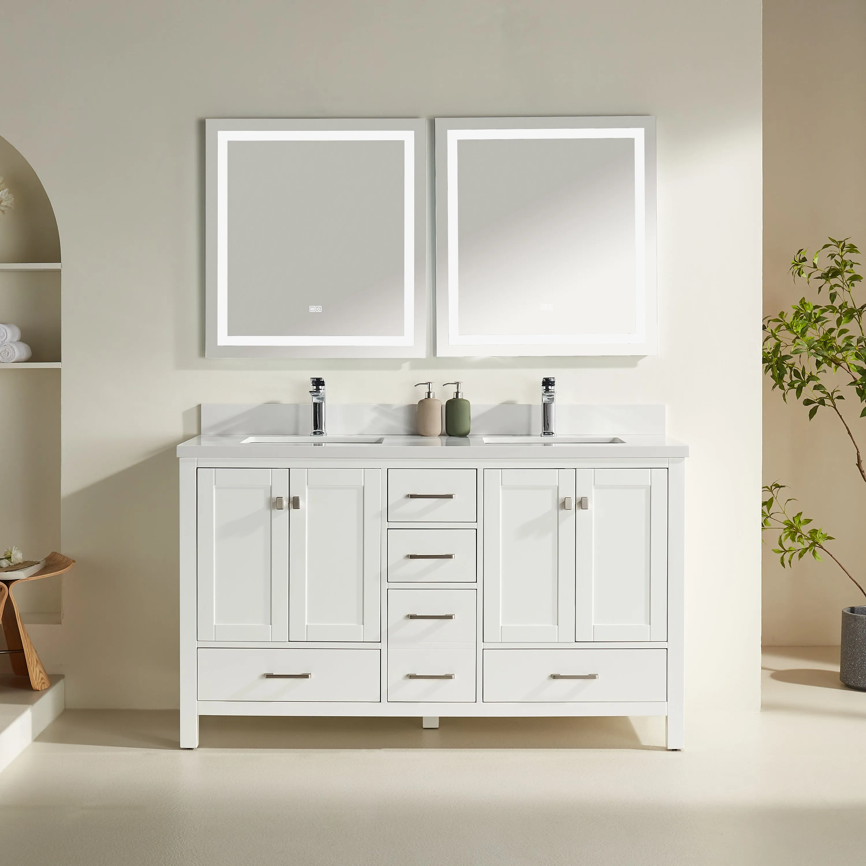 Rose- 60" Double Sink, White , Floor Standing Modern Bathroom Vanity, White Quartz Countertop