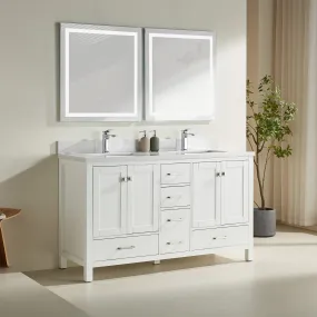 Rose- 60" Double Sink, White , Floor Standing Modern Bathroom Vanity, White Quartz Countertop