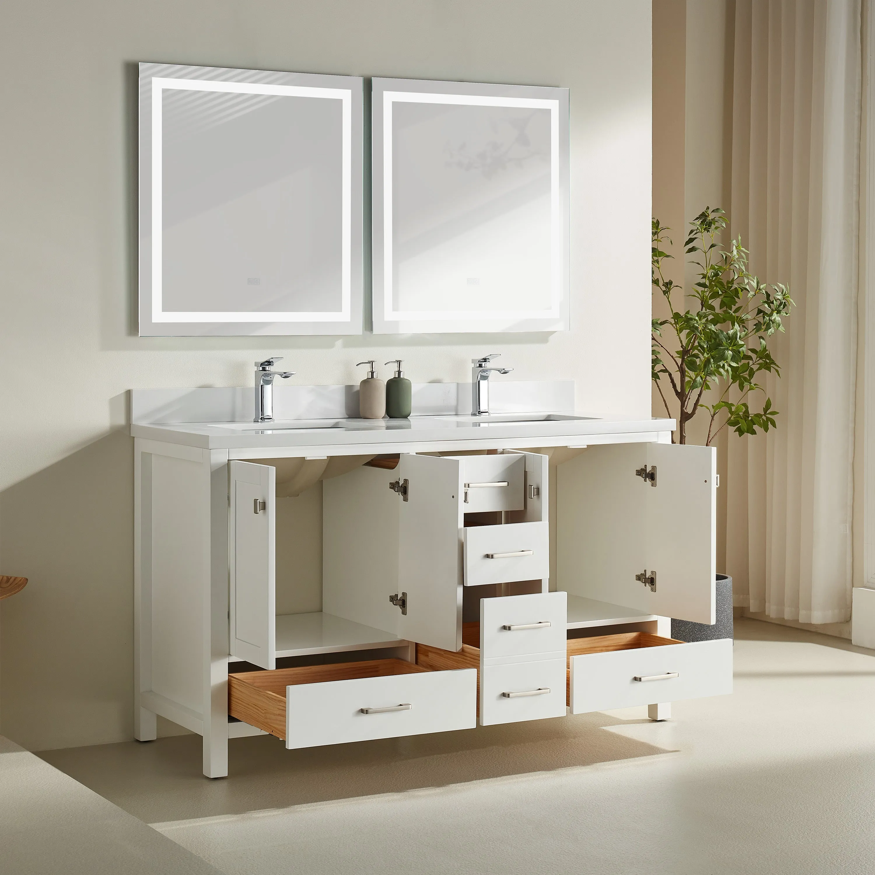 Rose- 60" Double Sink, White , Floor Standing Modern Bathroom Vanity, White Quartz Countertop