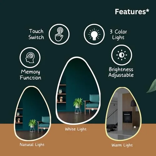 Sunsyze LED Mirror for Bathroom, Washbasin and Office, 18x24 Wall Mounted Elliptical Mirror with LED/3 Color Light (Warm, White & Natural Light) Brightness Adjustable