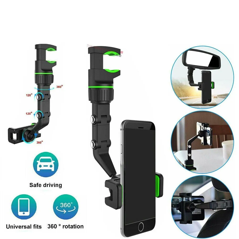 US 2-4 Multi-function Mirror Phone Holder Mount Car Rearview Rotation Adjustable