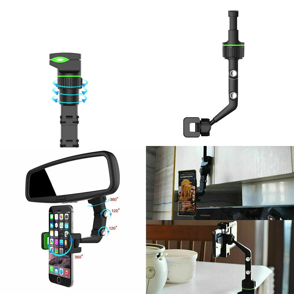 US 2-4 Multi-function Mirror Phone Holder Mount Car Rearview Rotation Adjustable