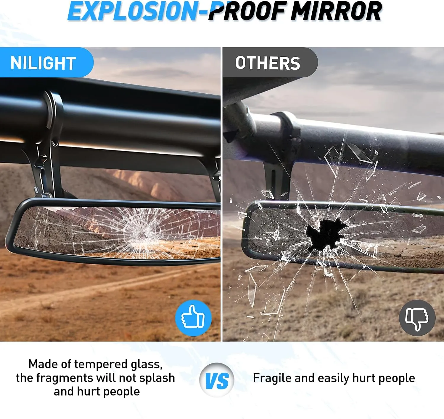 UTV Rear View Mirror 15in Wide Clear Convex Center Mirror with 3/4in 1.75in or 2in Clamps for Polaris RZR PRO XP R Pioneer Can Am Commander Maverick Kawasaki