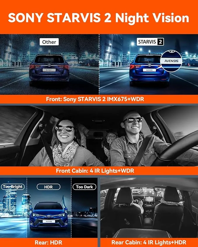 Vantrue N5 4 Channel WiFi 360° All Sides Dash Cam, STARVIS 2, IR Night Vision, 2.7K 1080P*3 Front Rear Inside Dashcam, Voice Control, GPS, 24 Hours Buffered Parking Mode Dash Camera, Support 512GB Max