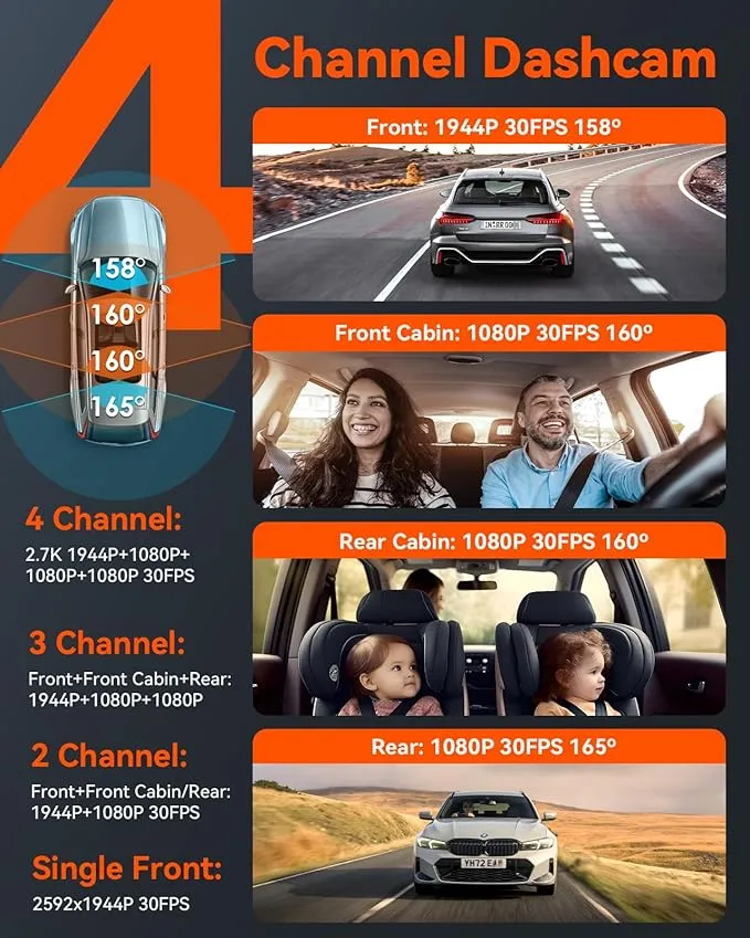 Vantrue N5 4 Channel WiFi 360° All Sides Dash Cam, STARVIS 2, IR Night Vision, 2.7K 1080P*3 Front Rear Inside Dashcam, Voice Control, GPS, 24 Hours Buffered Parking Mode Dash Camera, Support 512GB Max