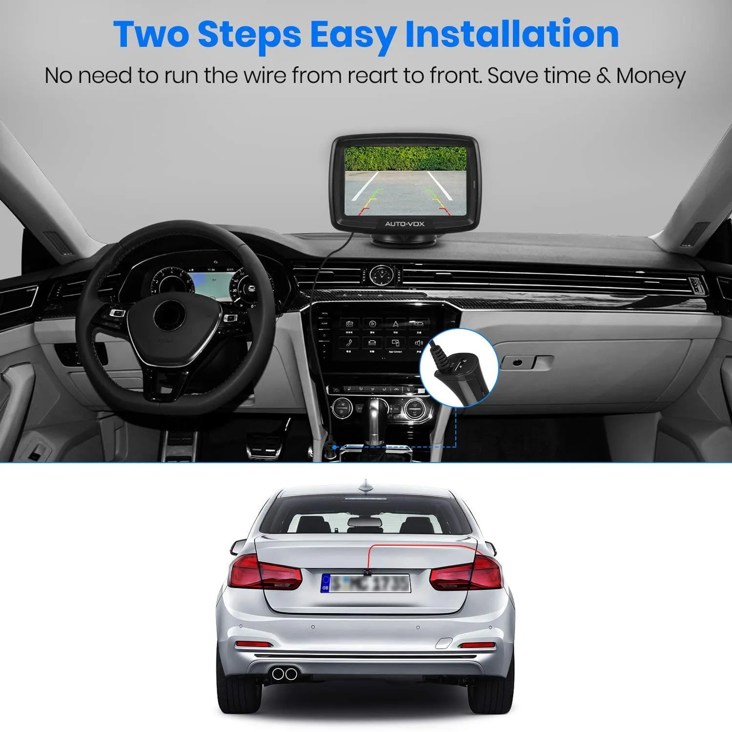 W2 NO Interference Digital Wireless Backup Camera System Kit with Built-in Transmitter, IP68 Waterproof Wireless Rear View Camera and 4.3'LCD Wireless Reversing Monitor for Trailer,Minibus, Trucks