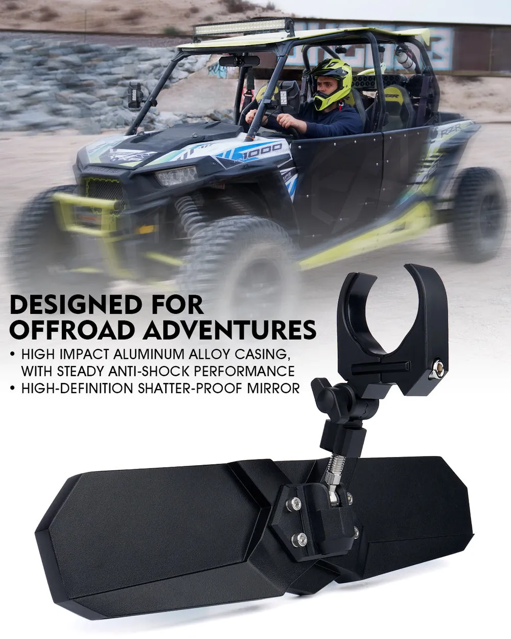 Xprite UTV Rear View Center Mirror [Fits 1.75" to 2" Rollbar] Convex 13" or 17" Wide Valiant Series