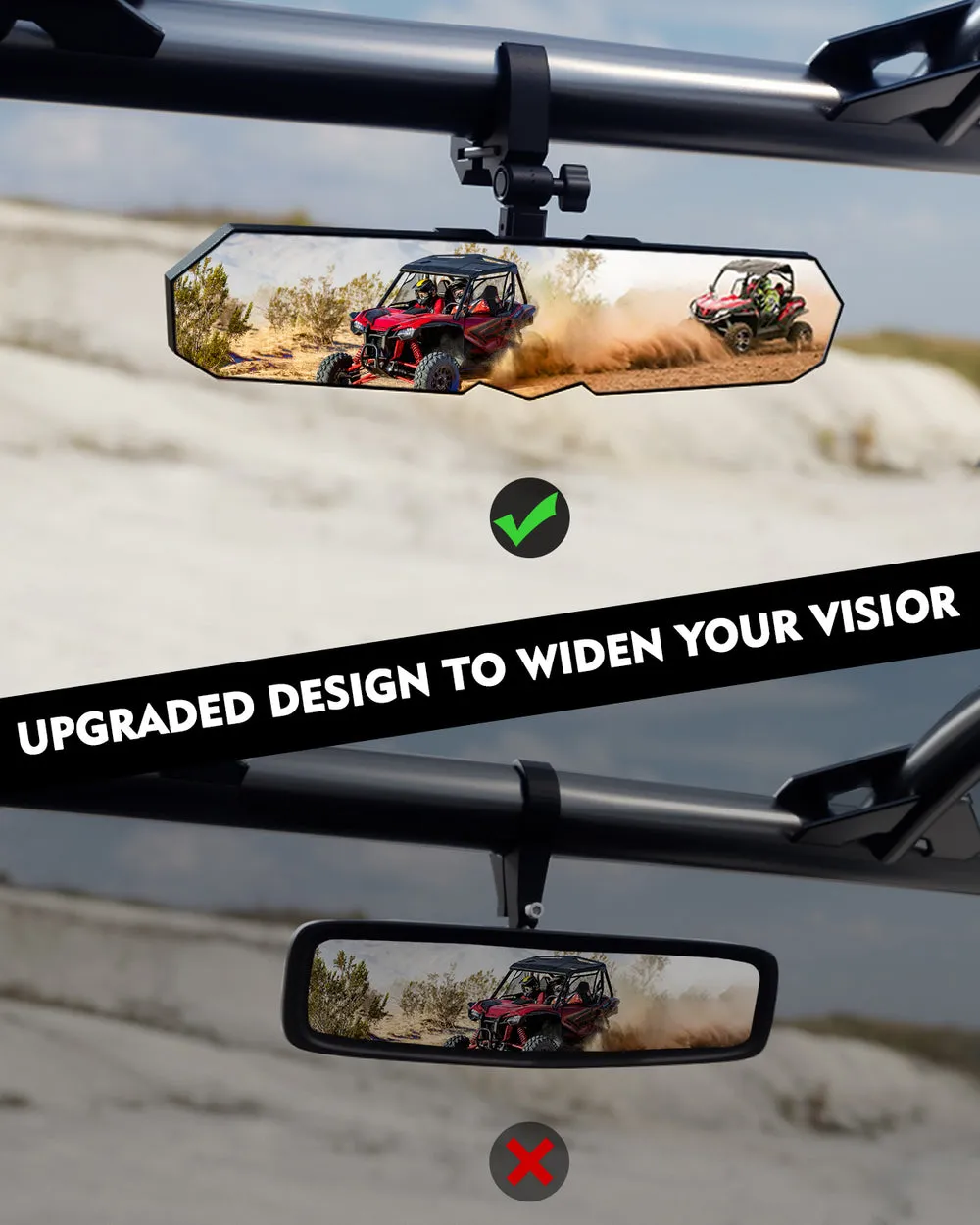 Xprite UTV Rear View Center Mirror [Fits 1.75" to 2" Rollbar] Convex 13" or 17" Wide Valiant Series
