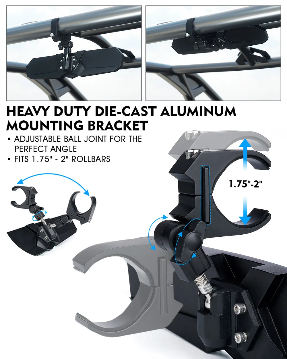 Xprite UTV Rear View Center Mirror [Fits 1.75" to 2" Rollbar] Convex 13" or 17" Wide Valiant Series