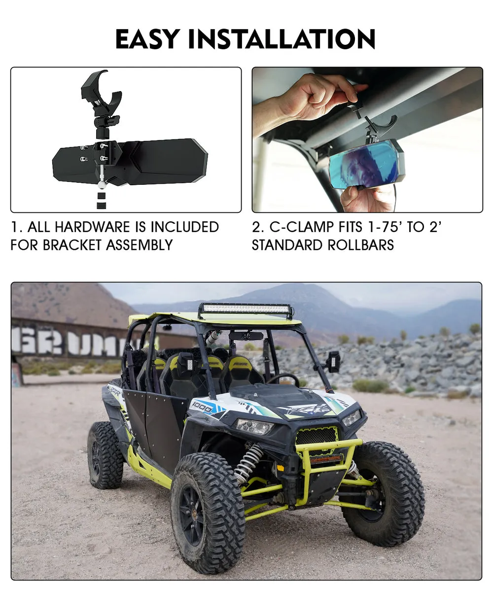 Xprite UTV Rear View Center Mirror [Fits 1.75" to 2" Rollbar] Convex 13" or 17" Wide Valiant Series